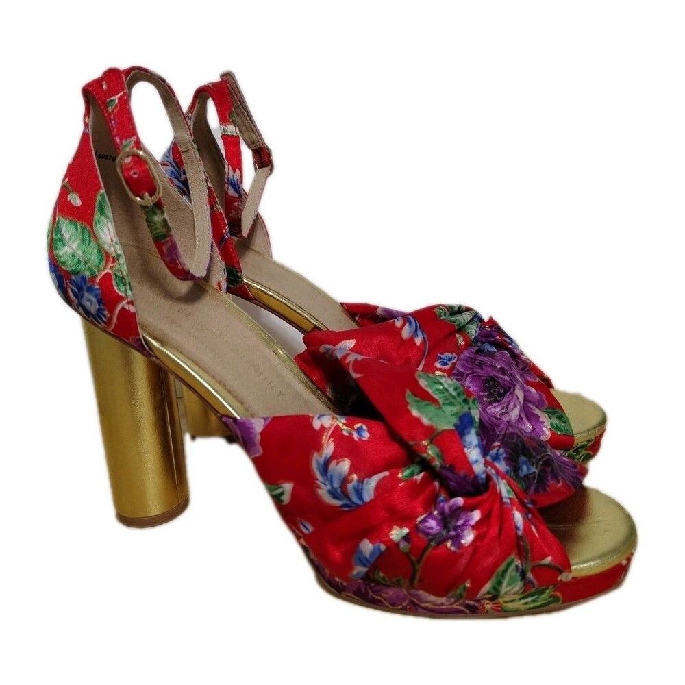 Chinese Laundry Open Toe Red Silk Floral Heels Print Gold High Heel Size 10 US